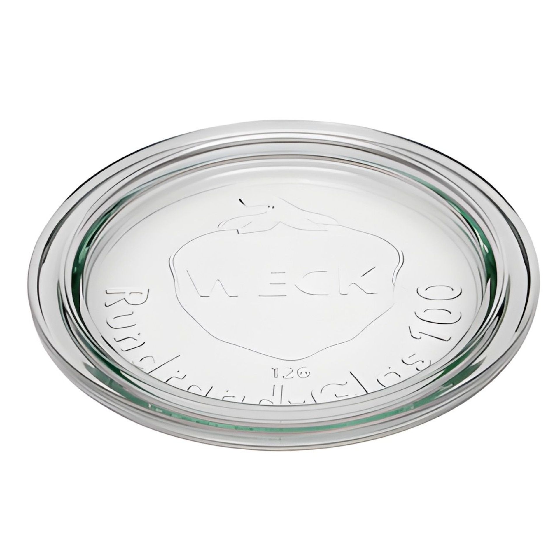 Runder Weck-Glasdeckel aus klarem Glas mit geprägtem WECK-Logo und einem Durchmesser von 100 mm, auf weißem Hintergrund.